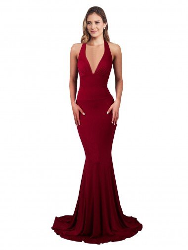 Cheap Halter Mermaid Plunge V-Neckline Open Back Bow Tie Formal Spandex Bridesmaid Dress / Prom Dress