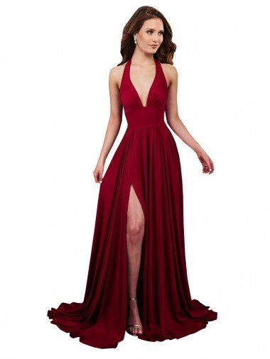 Cheap A-Line Halter Plunge V-Neckline Open Back Formal Spandex Bridesmaid Dress / Prom Dress with Slit