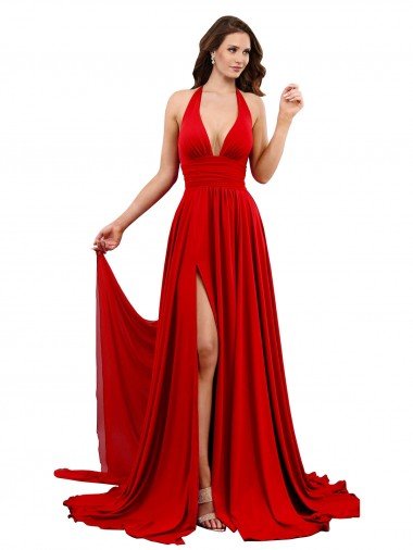 Cheap High Slit A-Line Halter Long Formal Spandex Bridesmaid Dress / Prom Dress Open Back