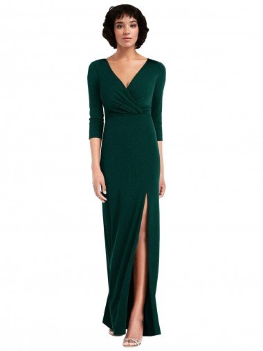 Cheap Floor Length 3/4 Sleeves V-Back Draped Wrap Formal Maxi Spandex Bridesmaid Dress / Prom Dress