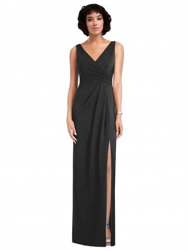 Cheap Draped Wrap Formal Maxi Spandex Bridesmaid Dress / Prom Dress with Front Slit