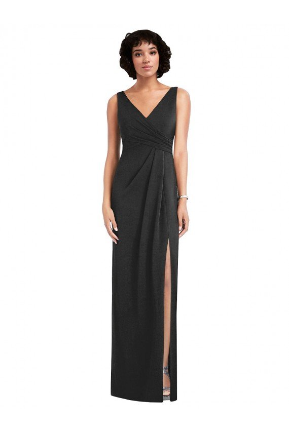 Draped Wrap Formal Maxi Spandex Bridesmaid Dress / Prom Dress with Front Slit