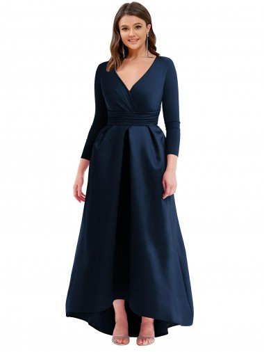 Cheap Long Sleeves Wrapped Formal Spandex Bridesmaid Dress / Prom Dress with High Low Full Skirt and Pockets