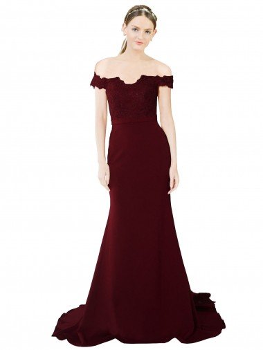 Cheap Full Length Off the Shoulder Formal Crepe Bridesmaid Dress / Prom Dress with Lace On Bodice and Back