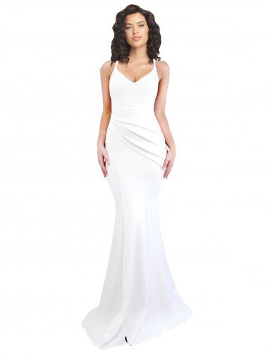 Cheap Fishtail Shape Spaghetti Straps Open Back Formal Crepe Bridesmaid Dress / Prom Dress with Ruffles