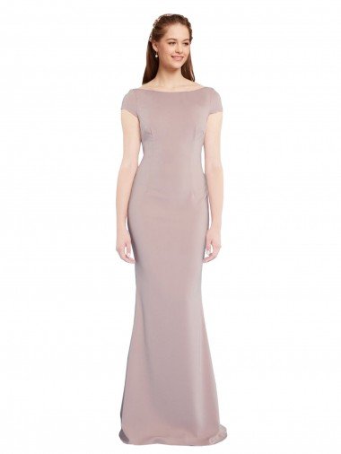 Cheap Boat Neck Cap Sleeve Formal Crepe Bridesmaid Dress / Prom Dress with Plunging Tie Back