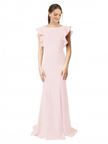 Cheap Low V-Back Long Mermaid Crepe Bridesmaid Dress / Prom Dress with Ruffled Sleeves