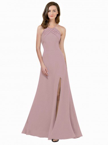 Cheap High Neck Crepe Bridesmaid Dress / Prom Dress with Pleats and Keyhole Back