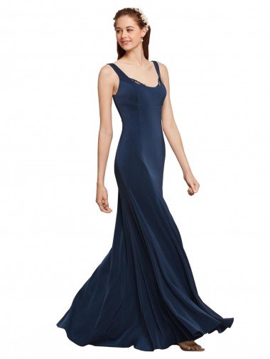 Cheap Fit and Flare Long Formal Crepe Bridesmaid Dress / Prom Dress with Round Neck