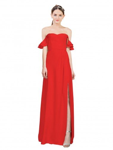 Cheap Double Ruffle Flounce Sleeves Formal Crepe Bridesmaid Dress / Prom Dress with Slit