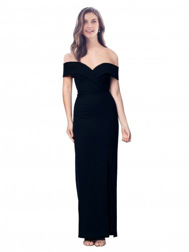 Cheap Off the Shoulder Long Full Length Formal Crepe Bridesmaid Dress / Prom Dress with Side Split