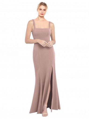 Cheap Square Neck Fit and Flare Long Stretch Crepe Bridesmaid Dress / Prom Dress with Side Slit