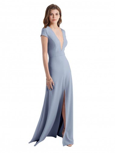 Cheap Plunging V-Neck Cap Sleeves Stretch Crepe Bridesmaid Dress / Prom Dress with Front Slit