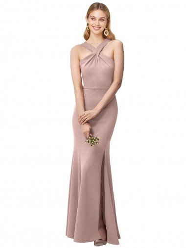 Cheap Long Floor Length High Neck Fit and Flare Stretch Crepe Bridesmaid Dress / Prom Dress with Side Slit