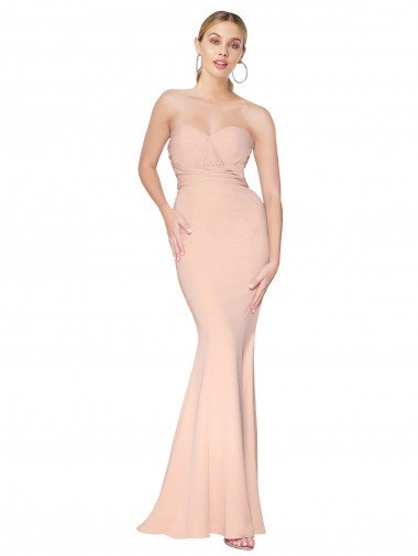 Cheap Sweetheart Shirred Neck Long Floor Length Formal Crepe Bridesmaid Dress / Prom Dress