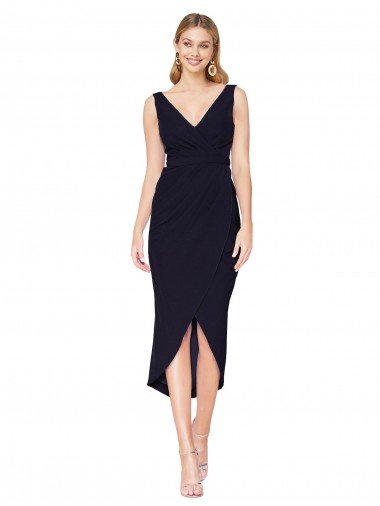 Cheap Knee Length V-Neck Formal Crepe Short Cocktail Wrap Bridesmaid Dress / Prom Dress