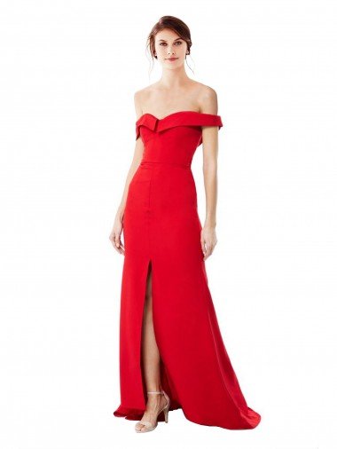 Cheap Off the Shoulder Chapel Train Formal Crepe Bridesmaid Dress / Prom Dress with Thigh-High slit