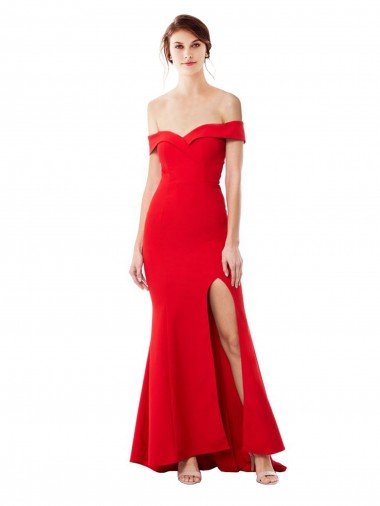 Cheap Off the Shoulder Sweetheart Maxi Formal Crepe Bridesmaid Dress / Prom Dress With Thigh Split and Train