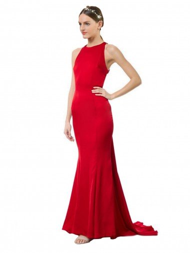 Cheap High Neck Mermaid Open Back Formal Crepe Maxi Bridesmaid Dress / Prom Dress with Train Detail