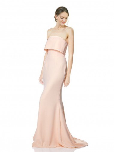 Cheap High Neck Strapless Long Formal Crepe Maxi Bridesmaid Dress / Prom Dress with Overlay
