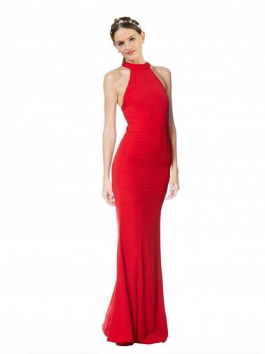 Cheap Halter Neck Keyhole Back Sleeveless Formal Crepe Maxi Bridesmaid Dress / Prom Dress