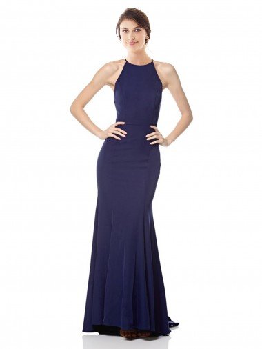 Cheap High Neck Fishtail Formal Crepe Bridesmaid Dress / Prom Dress with Open Back Detail