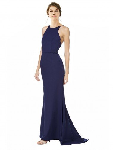 Cheap Fishtail High Neck Maxi Formal Crepe Bridesmiad Dress with Strappy Back Detail