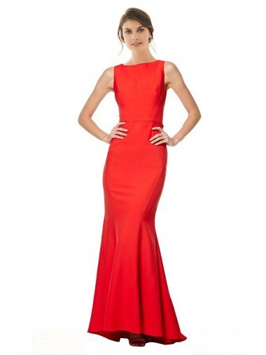 Cheap High Neck Maxi Formal Crepe Bridesmiad Dress with Exaggerated Back Ruffle
