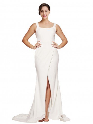 Cheap Square Neck Long Sheath Sweep Train Crepe Bridesmaid Dress / Prom Dress 