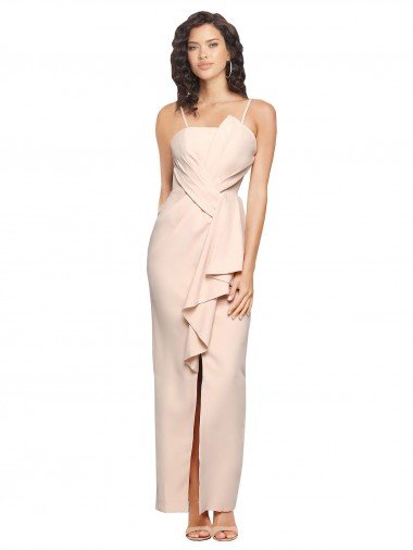 Cheap Long Full Length Ruffles Strapless Low Back Crepe Bridesmaid Dress / Prom Dress with Straps