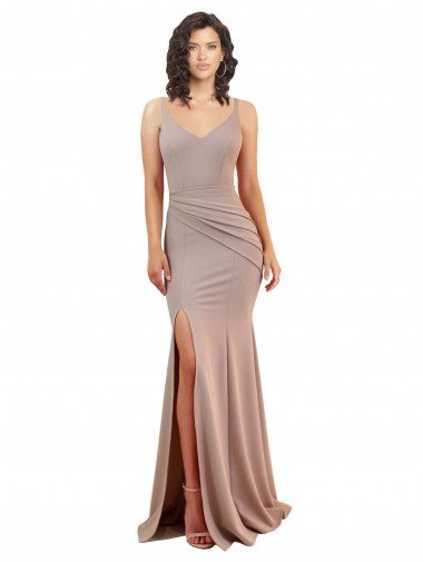 Cheap Fishtail Shape V-Neck Formal Crepe Bridesmaid Dress / Prom Dress with Slit