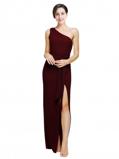 Cheap One Shoulder Sheath Formal Crepe Bridesmaid Dress / Prom Dress with High Side Split
