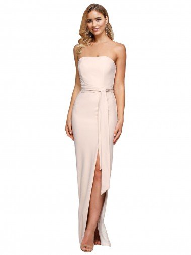 Cheap Full Length Low Back Strapless Formal Crepe Bridesmaid Dress / Prom Dress with Thigh High Side Split