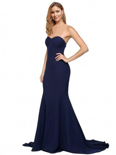 Cheap Fit and Flare Sweetheart Long Formal Crepe Bridesmaid Dress / Prom Dress with Sweep Train
