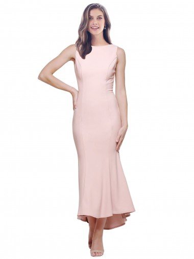 Cheap High Neck Low V-Back Cocktail Midi Length Formal Crepe Bridesmaid Dress / Prom Dress