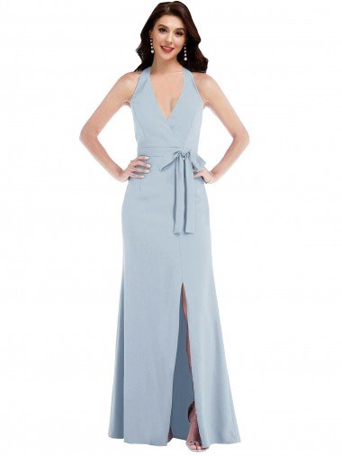 Cheap Open Back Halter Maxi Formal Crepe Bridesmaid Dress / Prom Dress with Draped Bow