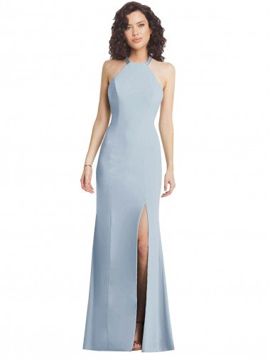 Cheap High Neck Halter Formal Crepe Bridesmaid Dress / Prom Dress with Twist Criss Cross Back