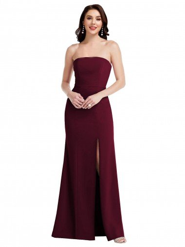 Cheap Strapless Crepe Maxi Bridesmaid Dress / Prom Dress with Front Slit