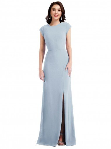 Cheap Cap Sleeve Open Back Trumpet Formal Crepe Bridesmaid Dress / Prom Dress with Front Slit