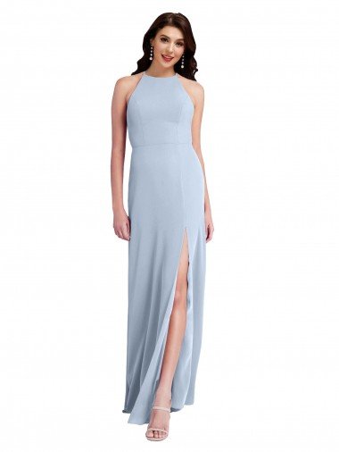 Cheap Fit and Flare High Neck Formal Crepe Bridesmaid Dress / Prom Dress with Side Slit