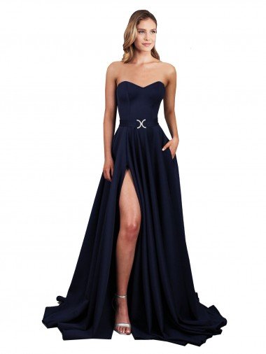 Cheap Sweetheart Neckline Low Back Long Formal Crepe Bridesmaid Dress / Prom Dress with Pockets & High Leg Spit