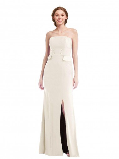 Cheap Long Strapless Tuxedo Maxi Bridesmaid Dress / Prom Dress with Front Slit & Pockets
