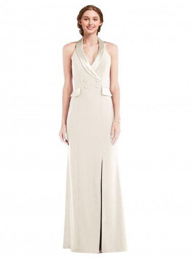 Cheap Halter Tuxedo Maxi Bridesmaid Dress / Prom Dress with Front Slit