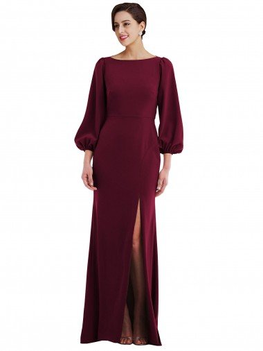 Cheap Bishop Sleeve Open Back Trumpet Formal Crepe Bridesmaid Dress / Prom Dress with Scarf Tie