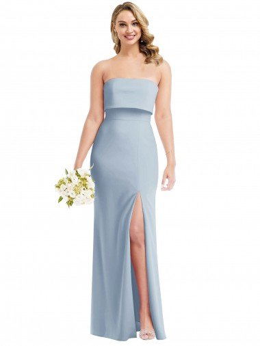 Cheap Strapless Overlay Bodice Crepe Maxi Bridesmaid Dress / Prom Dress with Front Slit