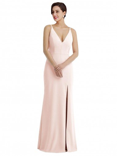 Cheap Skinny Strap Deep V-Neck Trumpet Formal Crepe Bridesmaid Dress / Prom Dress with Front Slit