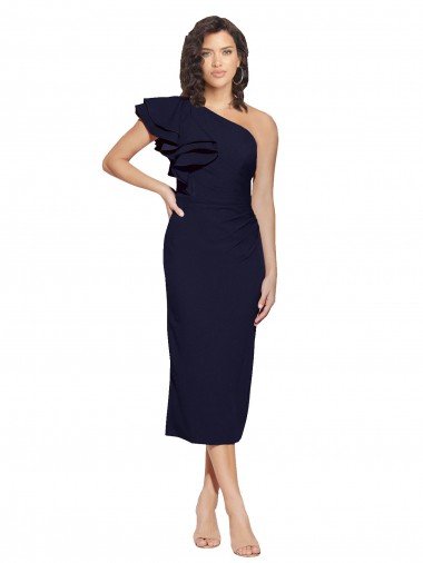 Cheap Ruched Midi Length Short Cocktail Formal Crepe Bridesmaid Dress / Prom Dress with Shoulder Ruffles
