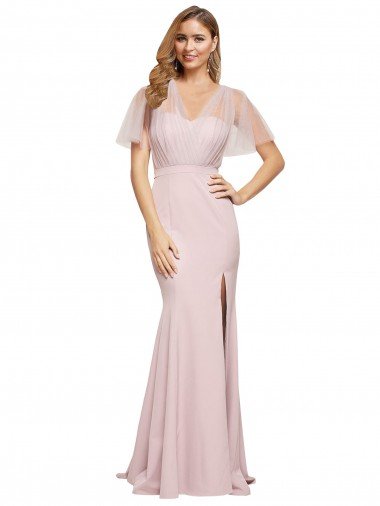 Cheap Crepe Long Sweetheart Neckline Formal Bridesmaid Dress / Prom Dress with Tulle Overlay Shoulders