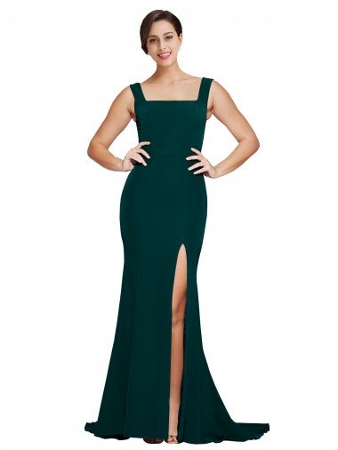 Cheap Fitted Square Neck Long Crepe Bridesmaid Dress / Prom Dress with Train and Side Split