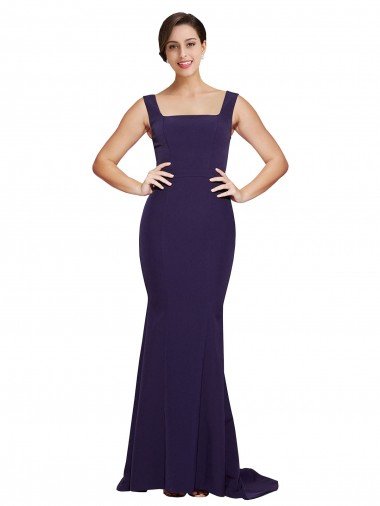 Cheap Square Neck Long Sweep Train Crepe Bridesmaid Dress / Prom Dress with Thick Straps